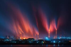 A night time view of a factory with smoke coming out of it photo