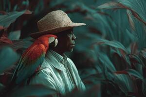A man with a hat and a parrot in the jungle photo