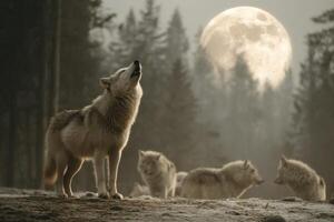 Wolf howling at the moon photo