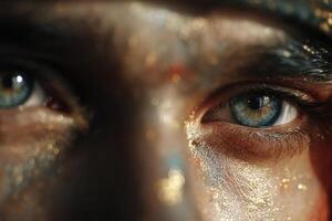 A close up of a man's eyes with gold paint photo