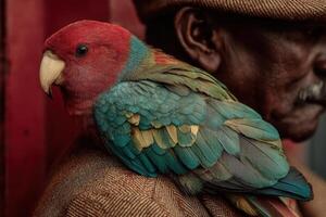 A man with a red and green parrot on his shoulder photo