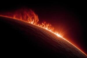 The sun is seen in the distance with flames photo