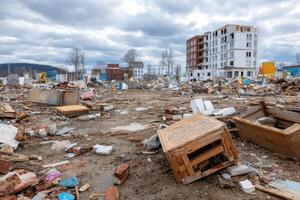 A view of a destroyed city with rubble and debris photo