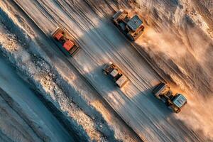 Three trucks driving on a road in the snow photo