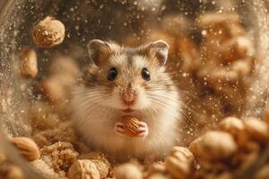 A hamster eating nuts in a glass bowl photo