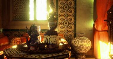 CGI Moroccan tea set and traditional decor in warm sunlight within a cozy room video