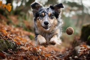 A dog running through the woods with a ball in its mouth photo