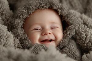 A baby is smiling while wearing a gray hood photo