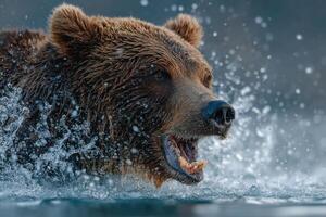 A brown bear is splashing water with its mouth open photo