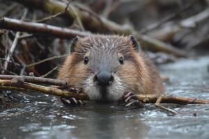 A beaver is holding a stick in the water photo