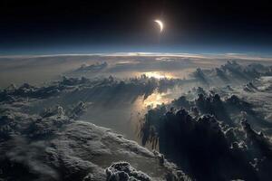 The sun is seen over clouds from space photo