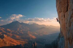 A rock climber on the side of a mountain at sunset photo