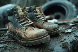 A pair of dirty boots on the ground photo