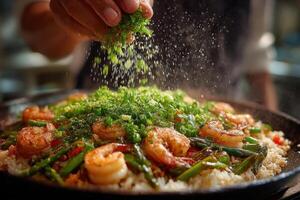 A person sprinkling salt on a dish of shrimp photo