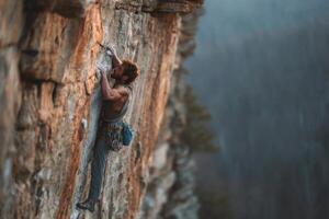 A man climbing on a rock wall photo