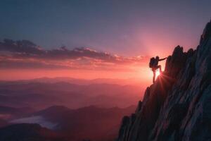 A man is standing on the edge of a mountain at sunset photo
