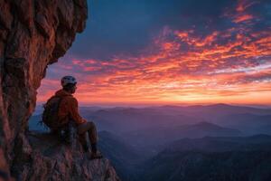 A man sitting on the edge of a cliff at sunset photo