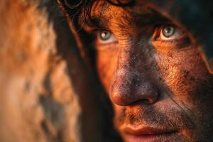 A man with blue eyes looks into the distance photo