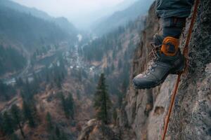 A person wearing hiking boots on the side of a mountain photo