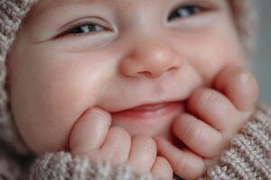 A close up of a baby wearing a knitted hat photo