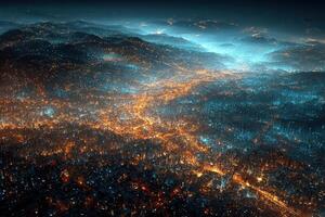 An aerial view of a city at night photo