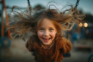 A young girl is smiling while swinging on a swing photo