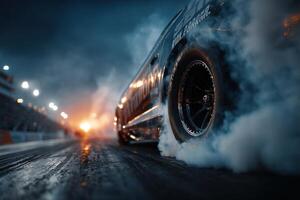 A car is driving on a track with smoke coming out of it photo