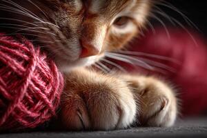 A cat laying on a ball of red yarn photo