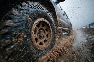 A truck driving through a muddy road photo