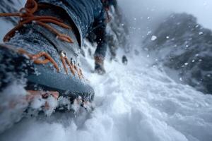 A person wearing snow boots walking up a snowy mountain photo