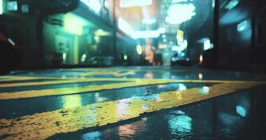 CGI City streets glisten with rain at night showcasing neon lights and reflections video