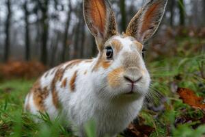 A rabbit is sitting in the grass in the woods photo