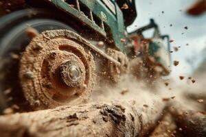A close up of a truck driving over a log photo