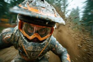 A man wearing a helmet and goggles riding a dirt bike photo