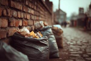 Garbage bags on the side of a brick wall photo