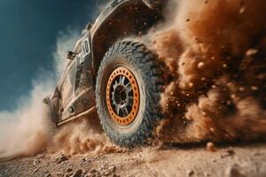 Off road vehicle driving on dirt road with dust photo