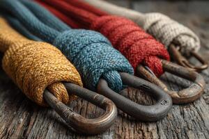 Colorful rope with hook on wooden background photo