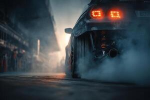 A car is driving through smoke on a street photo