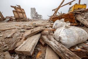 A pile of rubble with bags on the ground photo