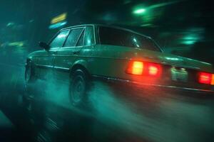 A car driving through the rain at night photo
