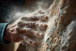 A hand is holding onto a rock with sand photo