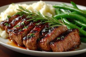 A plate of steak, mashed potatoes and green beans photo