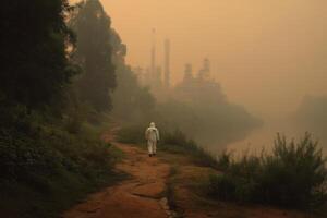 A man in a white suit walking down a dirt path photo