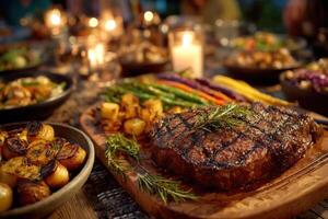 A steak is served on a wooden cutting board with vegetables photo