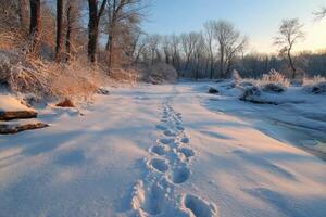 A trail of footprints in the snow near a river photo
