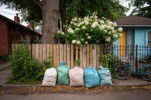 A pile of garbage bags next to a fence photo