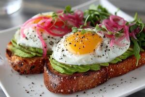 Avocado toast with fried egg photo