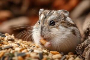 A hamster eating some seeds and nuts photo