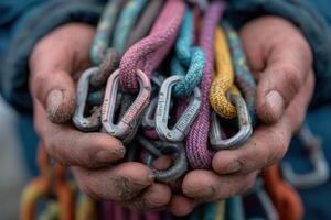 A person holding a bunch of colorful ropes photo