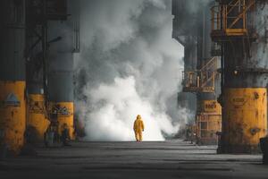 A person in a yellow rain suit standing in front of smoke photo